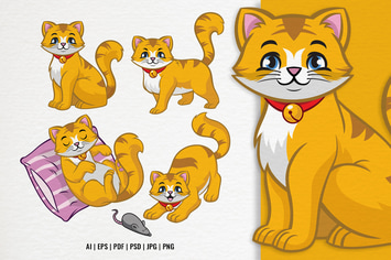 Set Cartoon Cute Cat Vector
