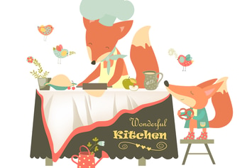 Fox baking a cake. Vector isolated illustration