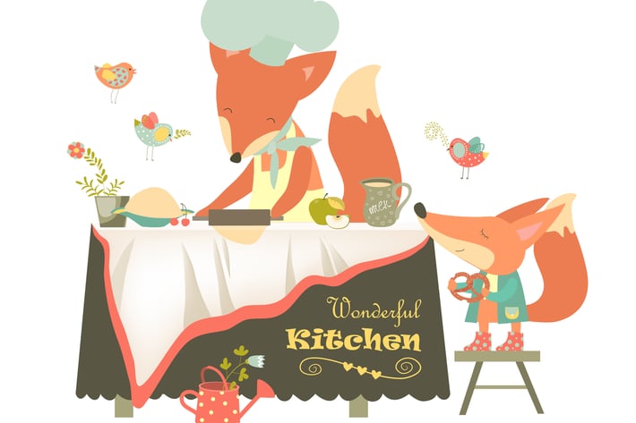 Fox baking a cake. Vector isolated illustration