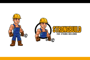 Cartoon Strong Muscular Builder Mascot Logo