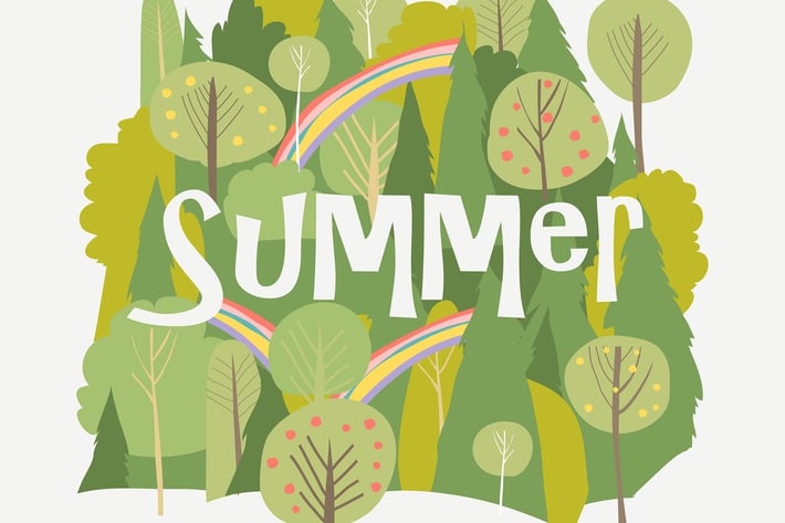 Vector cartoon summer forest with rainbow on white