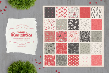 Romantica. Set of 25 cute seamless patterns.
