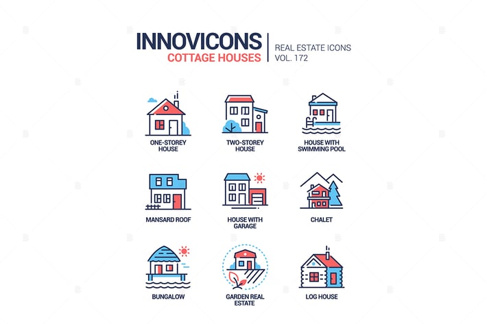 Cottage houses - modern line design style icons