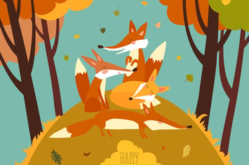 Cute foxes in autumn forest. Vector illustration