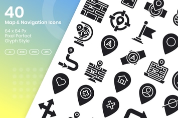 40 Map & Navigation Icons Set - Glyph