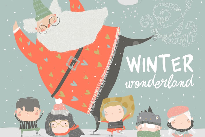 Funny Santa Claus skating with cute kids. Vector 