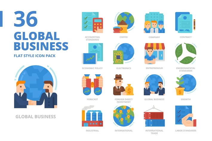 Global Business Flat Style Icon Set