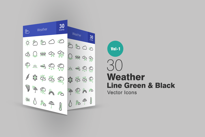 30 Weather Line Green & Black Icons
