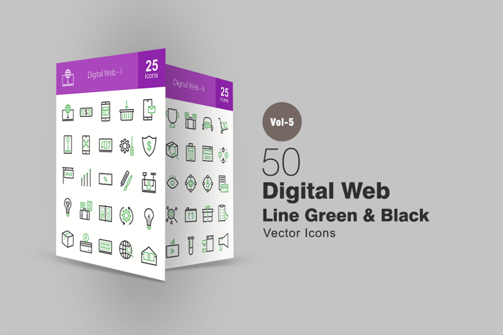 50 Digital Web Green & Black Line Icons
