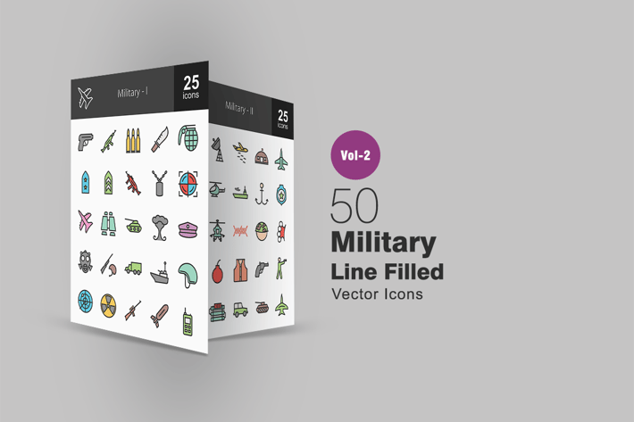 50 Military Line Filled Icons