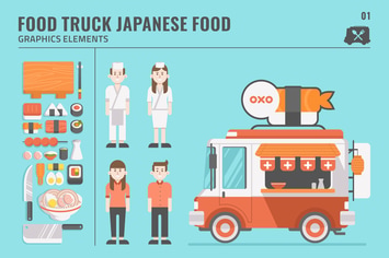 Amazing Japanese Food Truck Graphic Elements Set