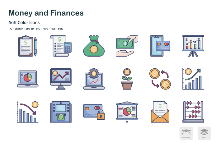 Money and finance soft color icons