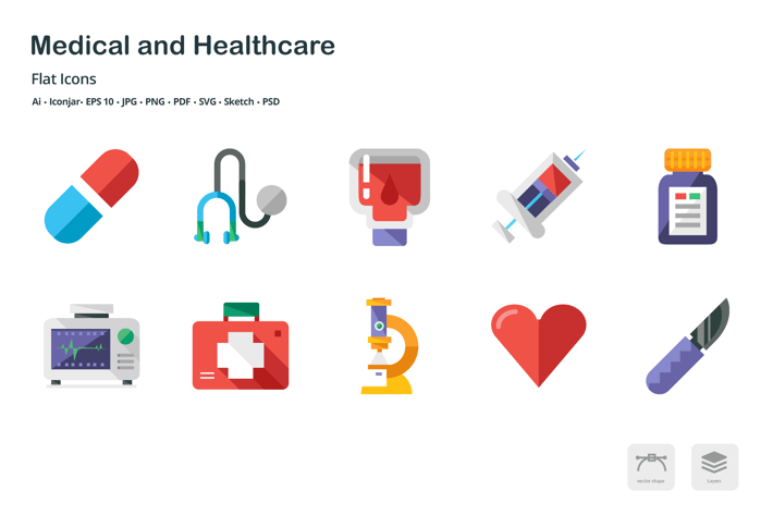 Medical and Healthcare Flat Colored Icons