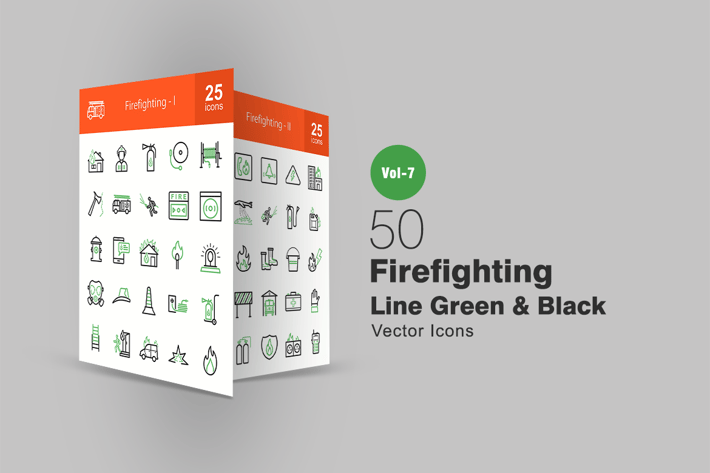 50 Firefighting Green & Black Line Icons