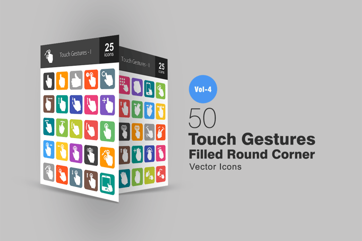 50 Touch Gestures Flat Round Corner Icons