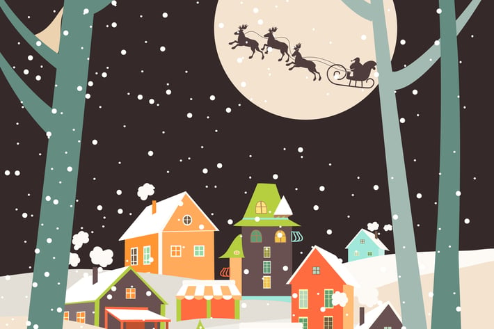 Santa Claus sleigh with reindeer fly over the city