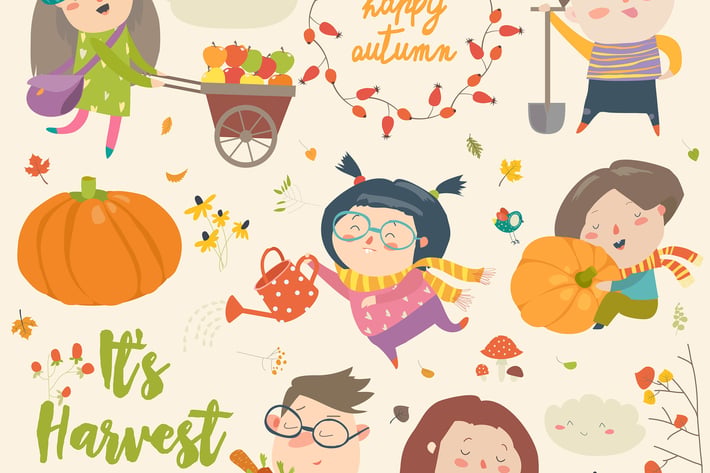 Harvesting kids set. Vector cartoon illustration
