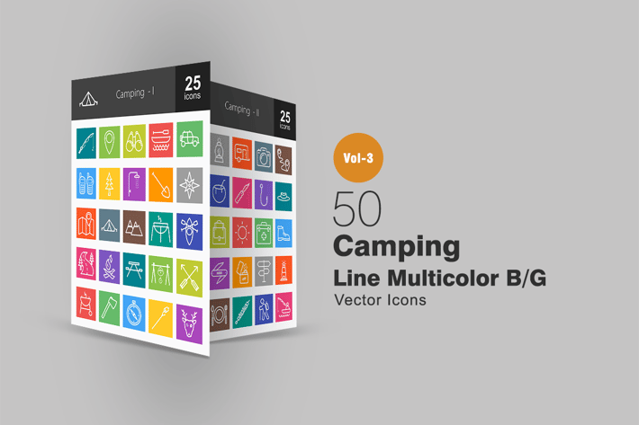 50 Camping Line Multicolor Icons