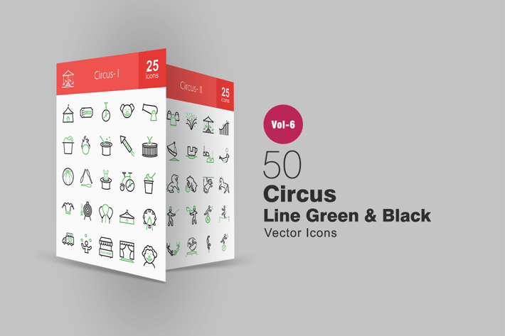 50 Circus Green & Black Line Icons