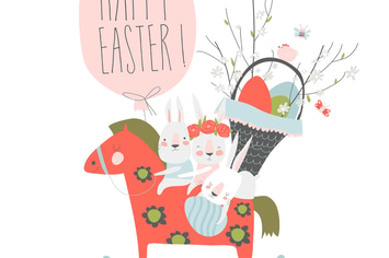 Cute cartoon bunny with Easter eggs and flowers. 