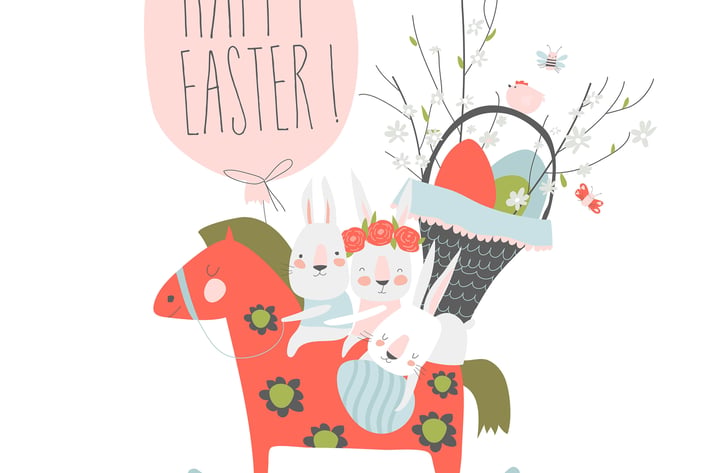 Cute cartoon bunny with Easter eggs and flowers. 