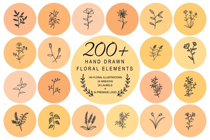 200 Hand Drawn Floral Wreaths Laurels