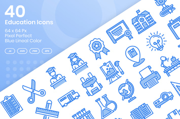 40 Education Icons Set - Blue Lineal Color
