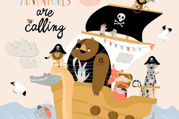 Cute cartoon animals pirates sailing in their ship