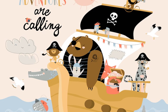 Cute cartoon animals pirates sailing in their ship