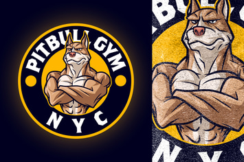 Cartoon Gym Bodybuilder Pitbull Dog Mascot Logo