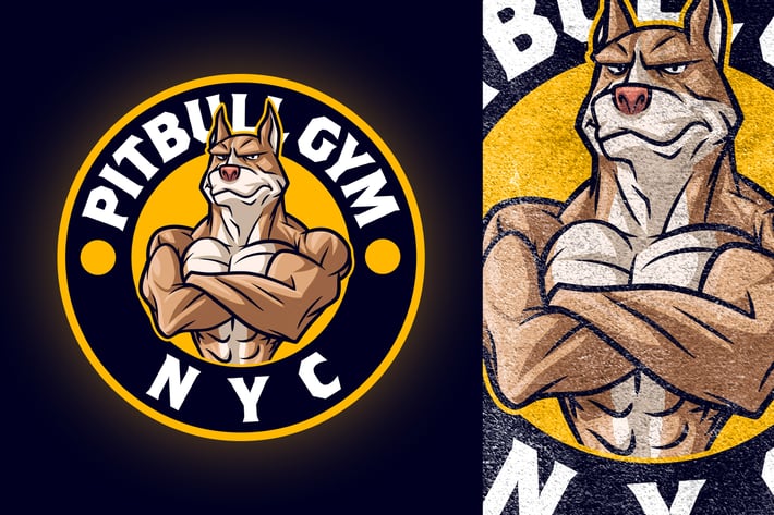 Cartoon Gym Bodybuilder Pitbull Dog Mascot Logo