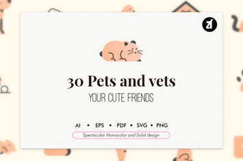 30 Pets elements in monocolor and solid design