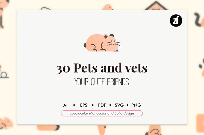 30 Pets elements in monocolor and solid design