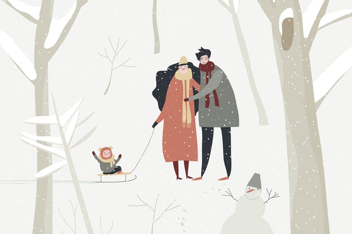 Cartoon happy family walking in winter forest. Vec