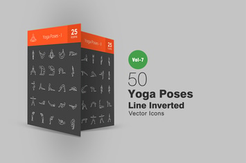 50 Yoga Poses Line Inverted Icons