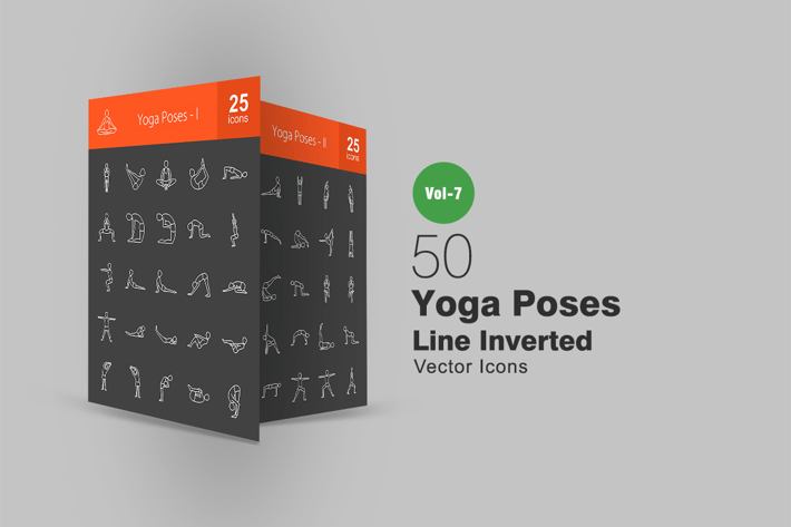 50 Yoga Poses Line Inverted Icons