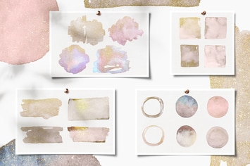Glittery Gold Watercolor Shapes, Abstract Clip Art