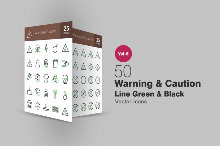 50 Warning & Caution Green & Black Line Icons