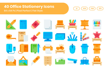 40 Office Stationery Icons Set - Flat