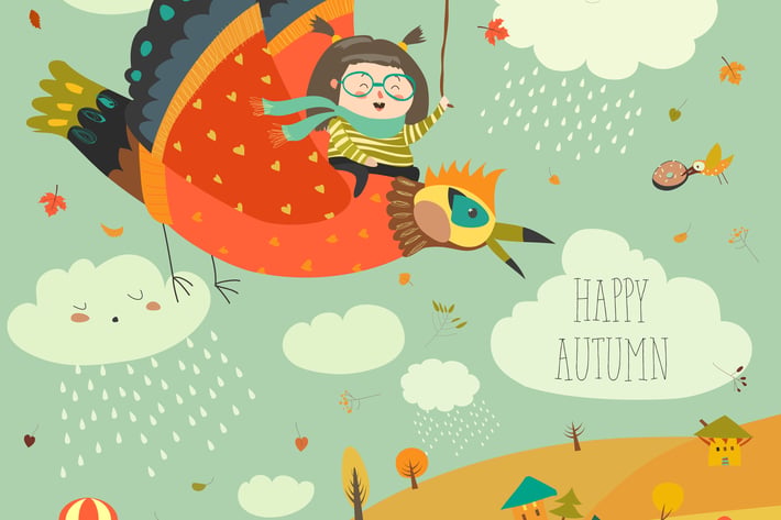 Little girl flying in the sky with funny birds.