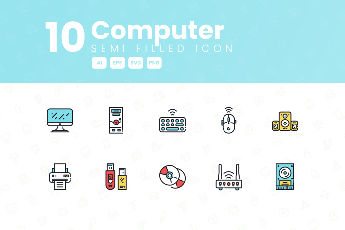 10 Computer Semi Filled Icon Collection