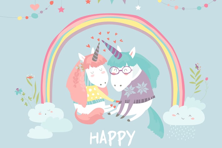 Cute card with fairy unicorns boy and girl in love
