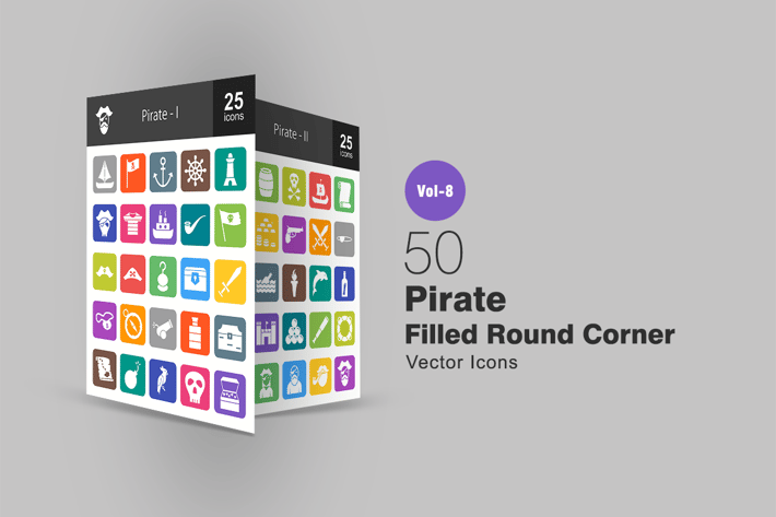 50 Pirate Filled Round Corner Icons