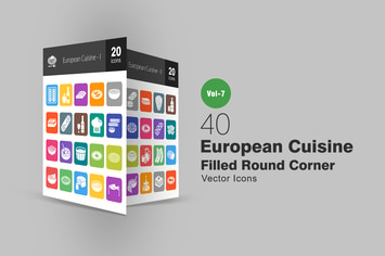 40 European Cuisine Filled Round Corner Icons