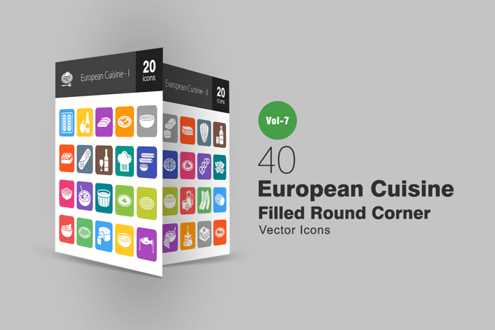 40 European Cuisine Filled Round Corner Icons