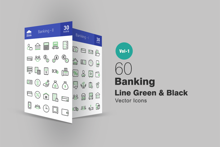 60 Banking Line Green & Black Icons
