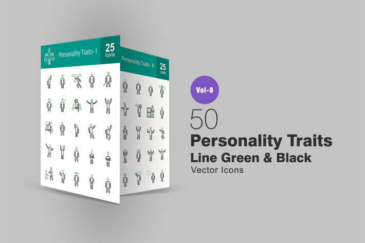 50 Personality Traits Green & Black Line Icons