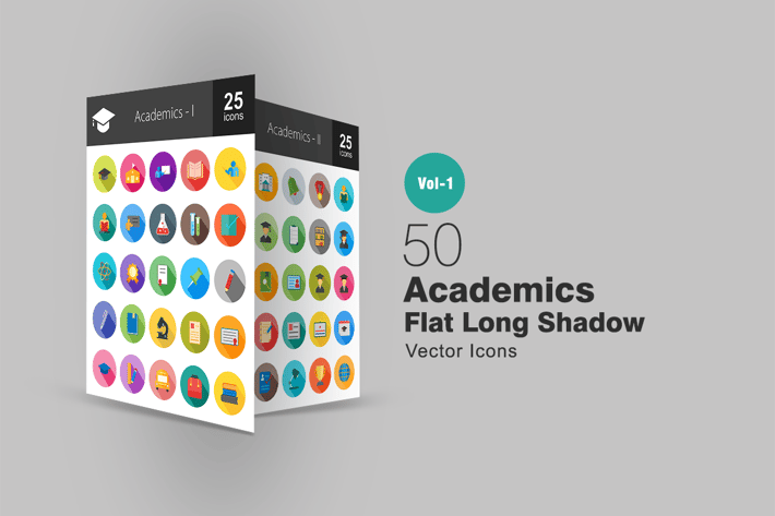50 Academics Flat Long Shadow Icons
