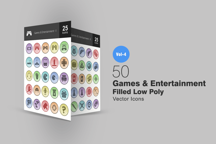 50 Games & Entertainment Filled Low Poly Icons