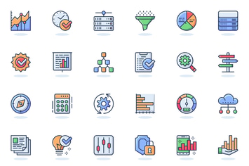 Big Data Analysis Flat Line Web Icons Set